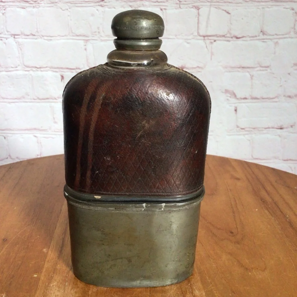 Antique 1860’s Civil War Era Leather Glass Pewter Hip Flask With Removable Cup